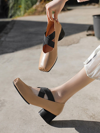 カーキ レディース ミッドローヒール パピーヒール PU レザー パンプス