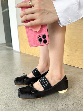 Black Flat Shoes For Women Square Toe Bow Ballet Flats