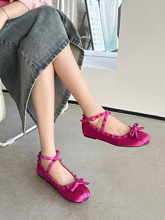 女性のためのバレリーナ フラット ビーズ ラウンド トゥ リボン クロス サテン バレエ フラット