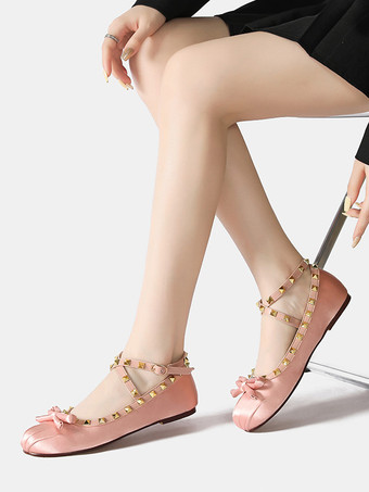 サーモンピンク女性のためのバレリーナ フラット ビーズ ラウンド トゥ リボン クロス サテン バレエ フラット