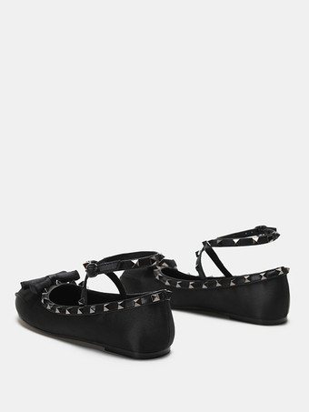 女性のためのバレリーナ フラット ビーズ ラウンド トゥ リボン クロス サテン バレエ フラット