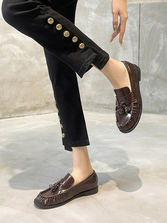 レディース ブラック ローファー パピー ヒール スリッポン ローファー タッセル付き