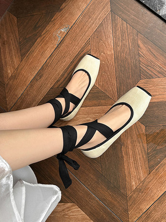 ブラック バレリーナ フラット スクエアトゥ レースアップ バレエ フラット シューズ レディース