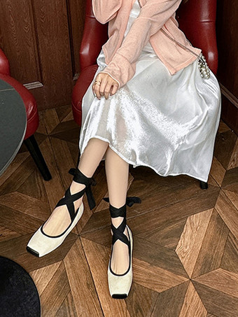 ブラック バレリーナ フラット スクエアトゥ レースアップ バレエ フラット シューズ レディース