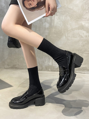 ブラック レディース ローファー ブラック ラウンドトゥ チャンキーヒール パテント PU アッパー ローファー