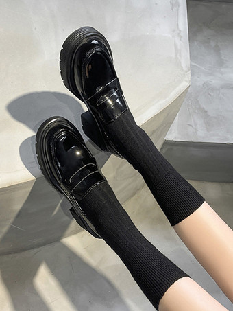 レディース ローファー ブラック ラウンドトゥ チャンキーヒール パテント PU アッパー ローファー