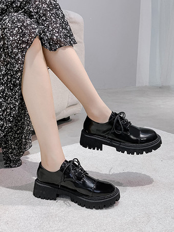 レディース オックスフォード ブラック ラウンドトゥ チャンキー ヒール カジュアル シューズ