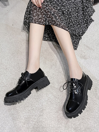 レディース オックスフォード ブラック ラウンドトゥ チャンキー ヒール カジュアル シューズ