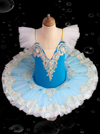 ブルー バレエドレス ブルー 女の子 子供 バレリーナ フリル 刺繍 レース ポリエステル ドレス パフォーマンスウェア