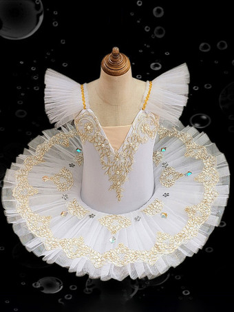 ホワイト バレエドレス ブルー 女の子 子供 バレリーナ フリル 刺繍 レース ポリエステル ドレス パフォーマンスウェア