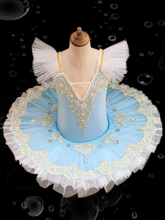 ライトスカイブルーバレエドレス ブルー 女の子 子供 バレリーナ フリル 刺繍 レース ポリエステル ドレス パフォーマンスウェア