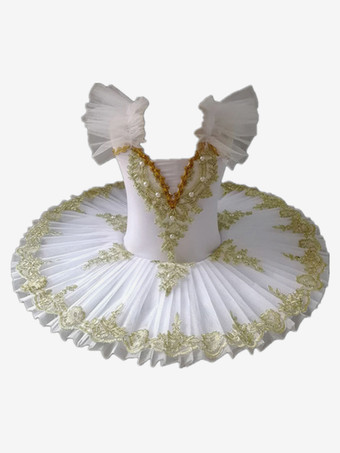 ホワイト バレリーナ 白鳥の湖 コスチューム ドレス チュチュ フリル袖 ライトスカイブルー 女の子 子供用 バレリーナ フリル パール レース 花柄 ポリエステルドレス ダンスウェア