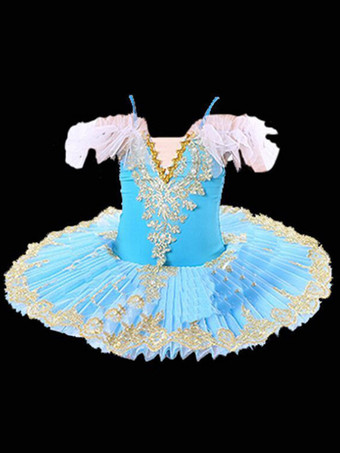 ライトスカイブルーバレリーナ 白鳥の湖 コスチューム ドレス チュチュ フリル袖 ライトスカイブルー 女の子 子供用 バレリーナ フリル パール レース 花柄 ポリエステルドレス ダンスウェア