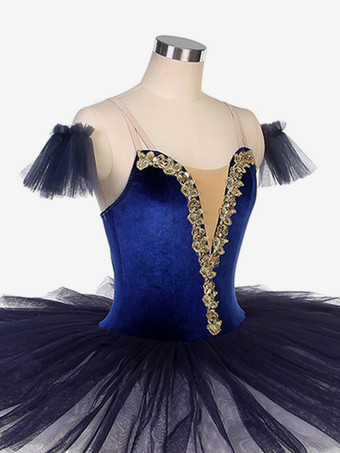 バレエ ダンス衣装 ディープブルー 女の子 大人用 バレリーナ フリル レース ポリエステル ドレス パフォーマンスウェア