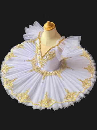 ホワイト バレエ ダンス衣装 ホワイト レディース 子供用 バレリーナ パール フリル レース ポリエステル ドレス ダンスウェア