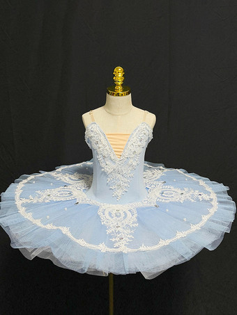 ライトスカイブルーバレエドレス ライトスカイブルー 女の子 子供用 バレリーナ ラインストーン フリル レース ポリエステル ドレス パフォーマンスウェア