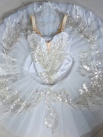 バレエ ドレス ホワイト 女性用 大人用 バレリーナ スパンコール フリル レース ポリエステル ドレス ダンスウェア