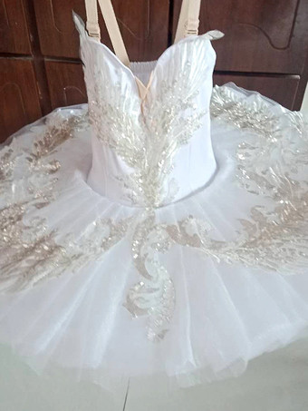 バレエ ドレス ホワイト 女性用 大人用 バレリーナ スパンコール フリル レース ポリエステル ドレス ダンスウェア