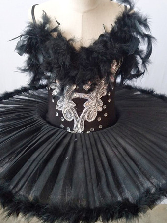 バレエドレス 黒 女の子 子供 バレリーナ フェザー フリル レース ポリエステル ドレス ダンスウェア