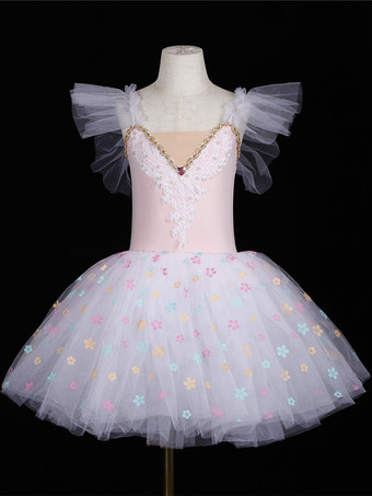 ライトピンクバレエ ダンス衣装 パープル レディース 子供バレリーナ フリル レース 花柄 ポリエステル ドレス ダンスウェア