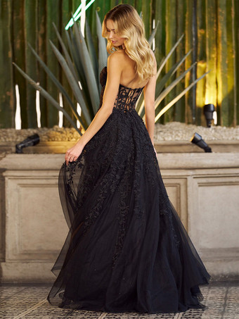 プロムドレス Aライン 恋人ネック チュール ノースリーブ レース パーティードレス