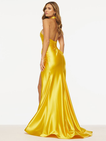 プロムドレス マーメイド ホルター サテン 生地 スイープ スプリット フロント 社交 パーティー ドレス