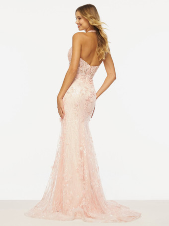 プロムドレス マーメイド Vネック スイープ ノースリーブ バックレス レース レース フォーマルパーティードレス