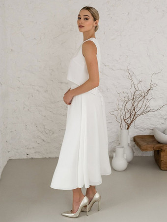 ツーピース ウェディングドレス サテン生地 ボタン ジュエルネック ツーピース ティーレングス バックレス ノースリーブ アイボリー