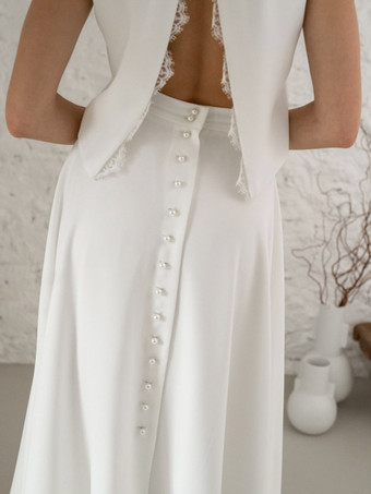 ツーピース ウェディングドレス サテン生地 ボタン ジュエルネック ツーピース ティーレングス バックレス ノースリーブ アイボリー