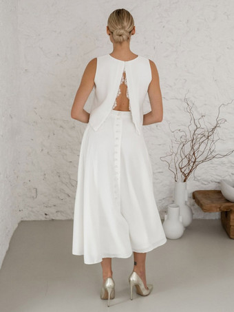 ツーピース ウェディングドレス サテン生地 ボタン ジュエルネック ツーピース ティーレングス バックレス ノースリーブ アイボリー