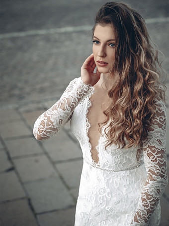 ショートウェディングドレス Vネック長袖ショート膝丈ブライダルドレス