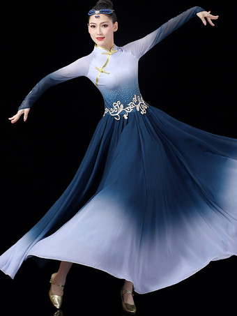 大人の中国衣装ブルーグレーアジアンラインストーンポリエステルセットドレスホリデーコスチューム