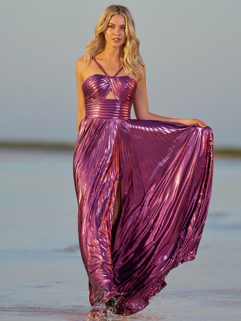 フクシャピンクプロムドレス ポリエステル デザインネックライン Aライン ノースリーブ プリーツ パーティードレス