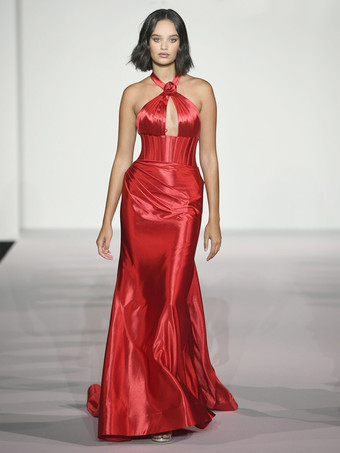 レッド プロムドレス マーメイド ホルター 弾性シルクのようなサテン スイープ フラワー 社交イブニング ドレス