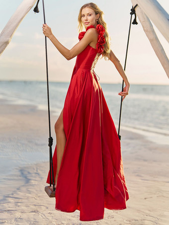 プロムドレス タフタ 恋人ネック Aライン ノースリーブ フラワー パーティードレス