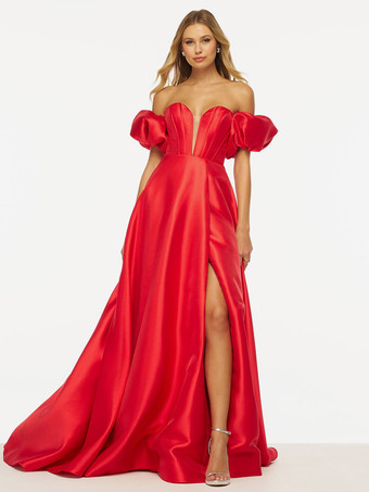 レッド プロムドレス Aライン Vネック サテン生地 スイープ スプリットフロント イブニングドレス