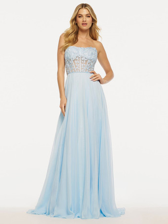 ベビーブループロムドレス ストラップレス Aライン ノースリーブ レース ウェディングゲストドレス