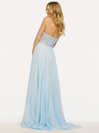 プロムドレス ストラップレス Aライン ノースリーブ レース ウェディングゲストドレス