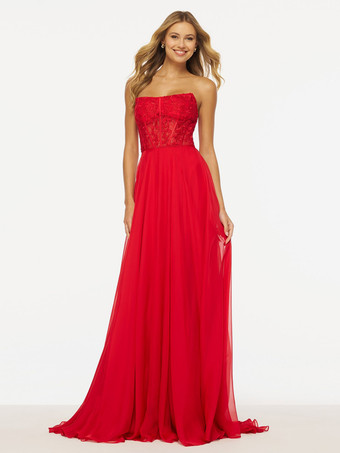 プロムドレス ストラップレス Aライン ノースリーブ レース ウェディングゲストドレス