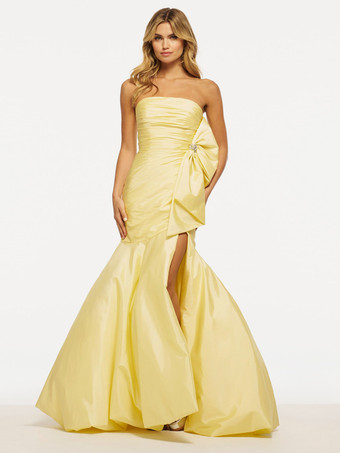 スイセン色プロムドレス マーメイド ストラップレス タフタ マキシレングス プリーツ フォーマルイブニング ドレス