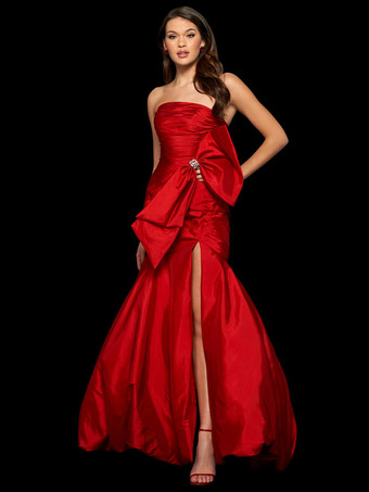 レッド プロムドレス マーメイド ストラップレス タフタ マキシレングス プリーツ フォーマルイブニング ドレス