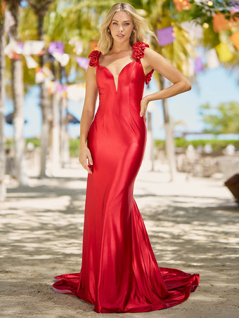 プロムドレス マーメイド Vネック コートトレーン ノースリーブ バックレス 花 弾性シルクのようなサテン フォーマルディナードレス