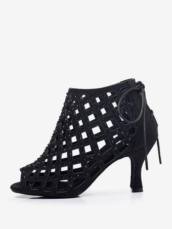 Black Latin Dance Shoes Micro Suede Upper Silver Round Toe Rhinestones Dance Shoes