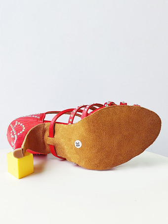 ラテン ダンス シューズ シルクとサテン レッド ラウンド トゥ ラインストーン ダンス シューズ