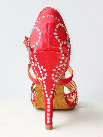ラテン ダンス シューズ シルクとサテン レッド ラウンド トゥ ラインストーン ダンス シューズ