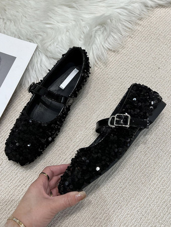 グリッター バレリーナ フラット スクエア トゥ メリー ジェーン パーティー シューズ