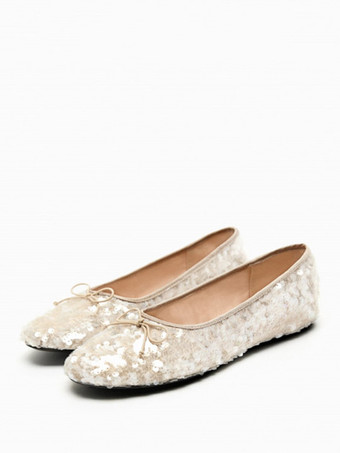 Ecru WhiteWomen's Ballet Flats Sequins Round Toe Ballerina Flat Party Shoes