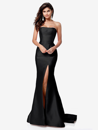 ブラックプロムドレス サテン生地 ストラップレス マーメイド ノースリーブ スプリットフロント パーティードレス