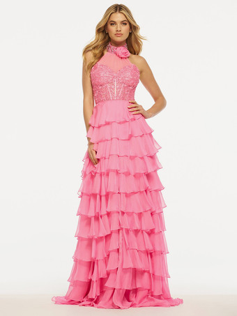 ホットピンクプロムドレス サテン生地 ハイカラー ノースリーブ プリーツ パーティードレス