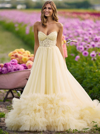 プロムドレス 恋人ネック チュール ノースリーブ レース パーティードレス